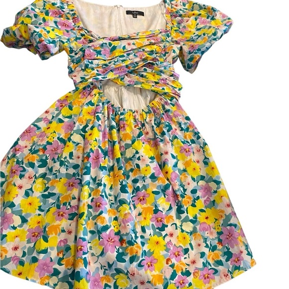 Lulus Attract Attention Multi Floral Puff Sleeve Tie-Front Mini Dress milkmaid - Picture 10 of 13